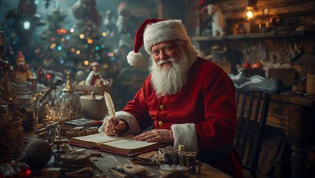 Santa Claus in Festive Workshop Writing with Quill Pen