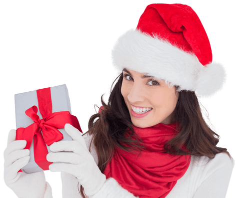 Smiling Woman in Santa Hat Holding Christmas Gift Transparent PNG