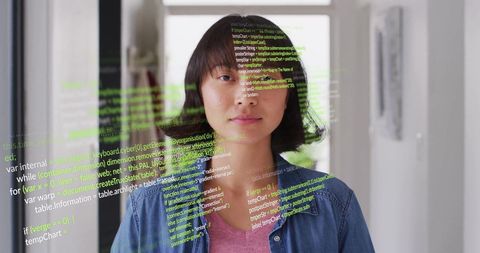 Portrait of Asian Woman with Code Overlay, Technology Concept