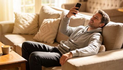 Relaxing man lounging on sofa using smartphone in sunlit cozy living room with mug