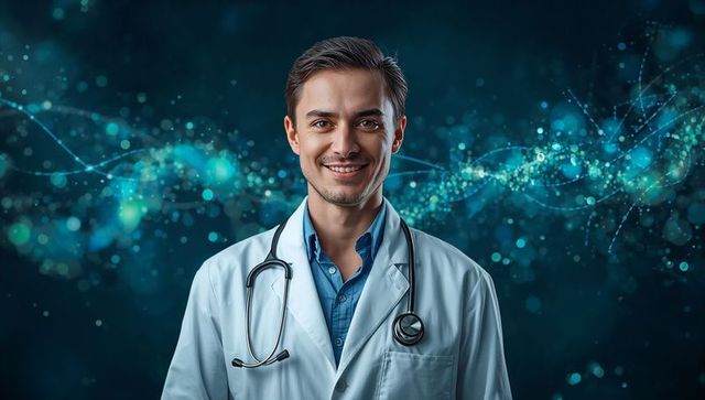 Smiling Doctor Wearing Lab Coat and Stethoscope with Glowing Medical Data Stream