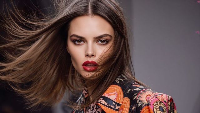Windblown hair closeup portrait featuring bold red lip and patterned jacket