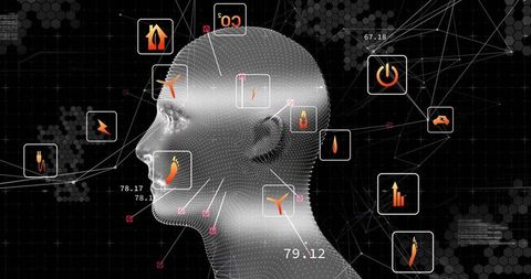 Futuristic digital interface displaying energy and data analytics on 3d head