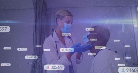 Clinician adjusting patient mask while augmented reality health data overlays metrics