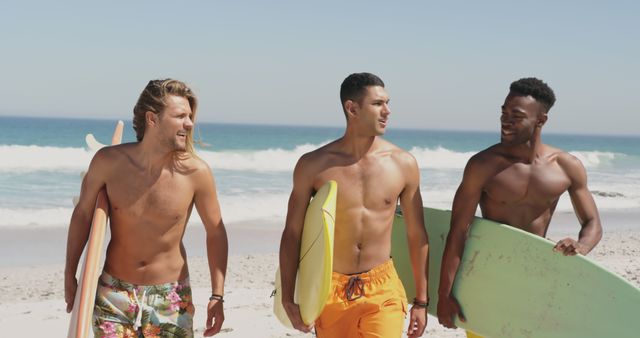 Young Surfers Walking on Sunny Beach with Surfboards - Download Free Stock Images Pikwizard.com