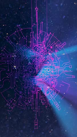 Neon Circuit Halo Rotating in Cosmic Nebula, Pulsing Holographic Magenta Rings