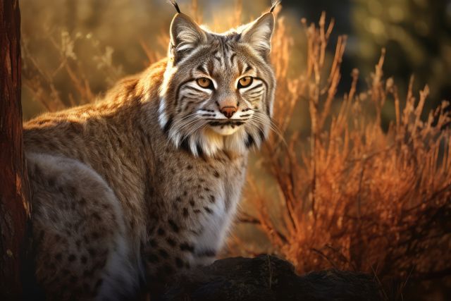 Eurasian lynx resting in natural setting during sunset; sunlight creates warm highlights on fur; perfect for wildlife photography, nature presentations, forest magazines, and educational materials on wildlife species.