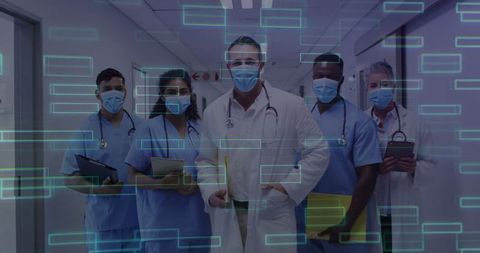 Medical Team Standing in Hospital Corridor with Digital Interface Overlay