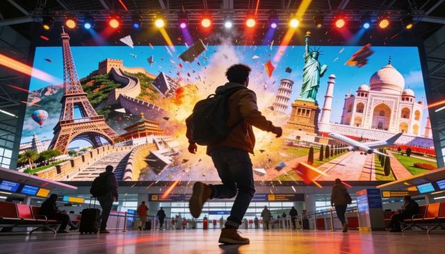 Leaping Traveler Under Giant LED Billboard Showing Global Landmarks in Airport Terminal