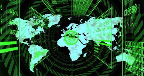 Green holographic world map in digital tunnel visualizing data