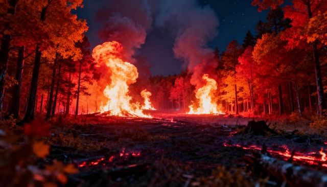 Nighttime wildfire columns illuminating forest with red-orange glow and ember trails