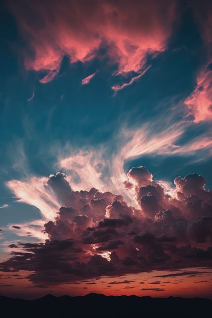 Capturing vibrant hues of sunset with dramatic cloud formations during golden hour. Suitable for backgrounds, nature-themed marketing, travel brochures, inspirational posters, and digital wallpapers.