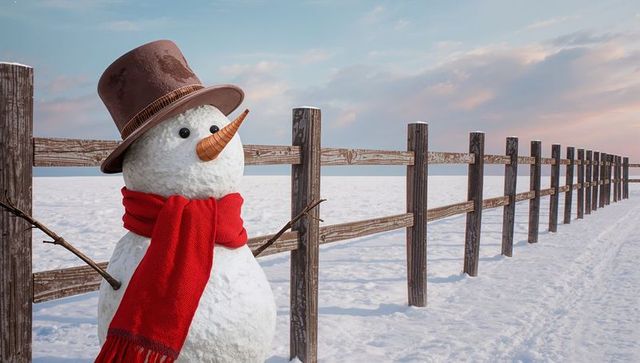 Charming snowman with top hat and scarf by rustic fence in snowy field
