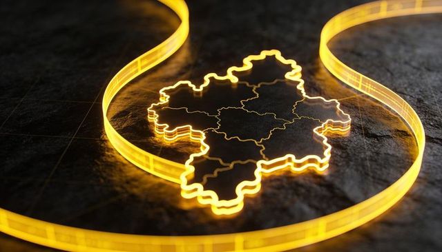 Neon yellow 3d map outline with glowing boundaries and curved light ribbon