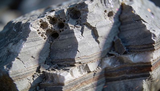 Macro close-up banded sedimentary rock showing thin laminations, vugs and fractures