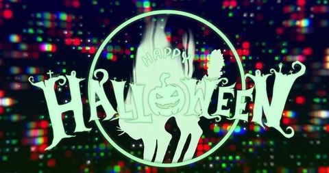 Glowing neon halloween logo with glitch pixel background