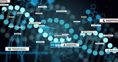 Stylized DNA Helix with Digital Data Tags on Dark Background