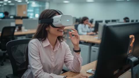 Woman Immersed in Virtual Reality Technology at Modern Office