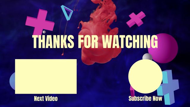 Bright and vivid endings screen with abstract shapes and a 'Thanks for Watching' message. Ideal for video creators looking for a stylish outro for YouTube videos. Contains placeholders for next video recommendations and subscription prompt. Helps create a professional ending for any video, encouraging viewers to continue engaging with more content.