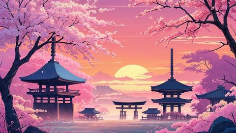 Traditional Japanese Pagodas with Cherry Blossoms at Sunset Reflection