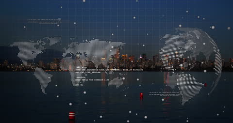 Digital Data Visualization Overlooking Waterfront Cityscape