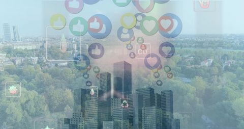 digital icons illustrating social media engagement over cityscape - Download Free Stock Images Pikwizard.com
