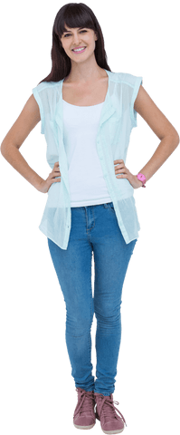 Transparent Full Length Smiling Woman Standing with Hands on Waist