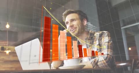 Businessman Discussing Finance with 3D Graph Overlay in Cafe