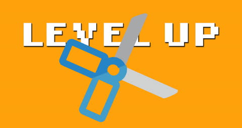 Level Up Animation with Scissors Icon on Orange Background