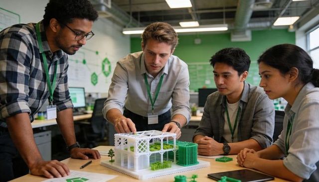 Architectural team collaborating over 3D printed scale model with green sustainable design