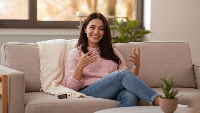 Smiling woman engaging in conversation on comfortable sofa