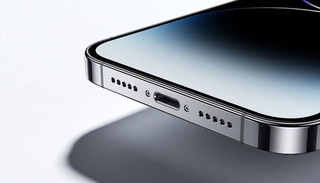 Smartphone usb-c port close-up on polished metal bezel with elegant soft shadow and gradient