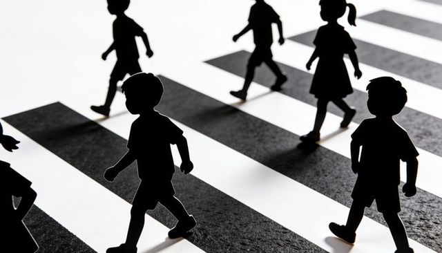 Children silhouettes crossing zebra crosswalk casting long shadows minimalist concept