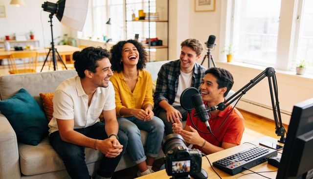 Friends recording podcast in home studio laughing and collaborating around microphone