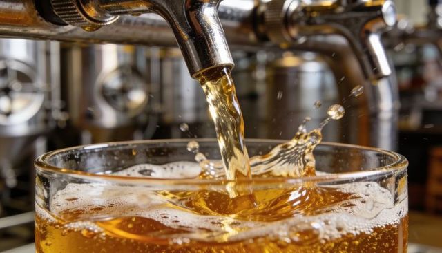 Pouring amber draft beer from stainless steel tap into pint glass, close-up splashing foam