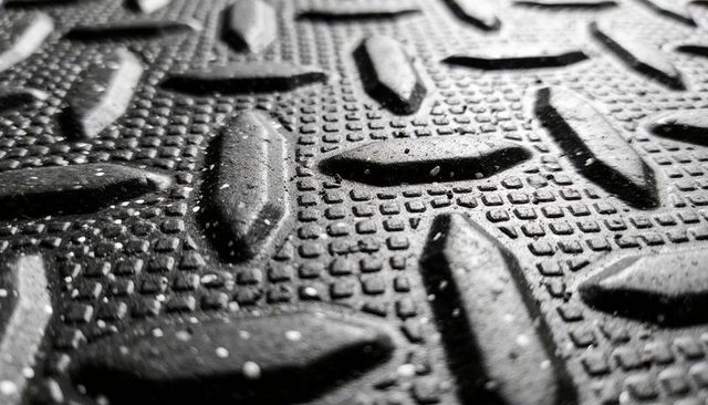Close-up showing rubber tread plate texture with raised oval lugs and dust detail