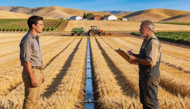 Consultant inspecting irrigation line in golden wheat field while farmer recording notes