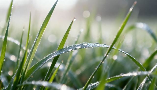 Morning dew sparkling on curved grass blade with soft bokeh macro nature closeup