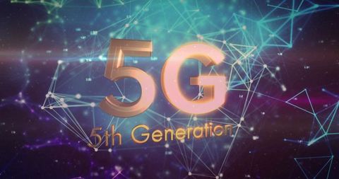 Shining gold 5g 5th generation network concept with neon mesh and nodes
