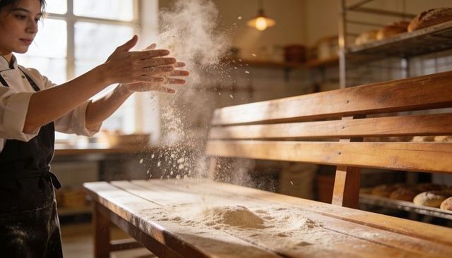 Female baker clapping hands dusting flour over wooden bench in sunlit artisan bakery
