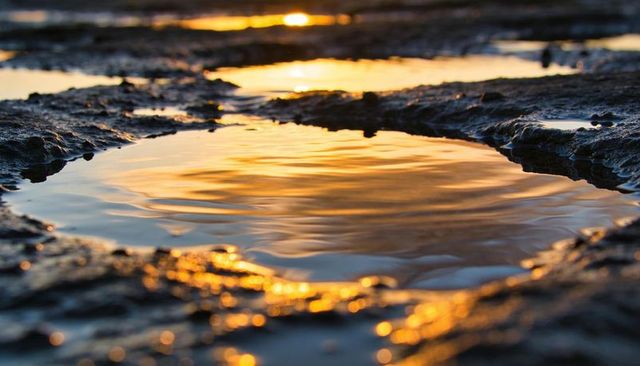 Golden hour puddle reflecting sunset ripples on wet rocky shoreline close-up