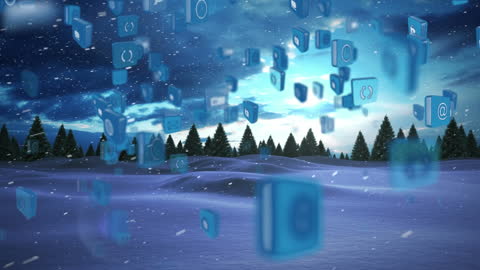 Digital Blue Icons Falling Over Snowy Winter Landscape