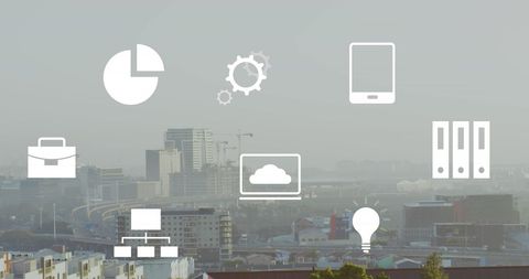 business icons overlaying modern cityscape in foggy background - Download Free Stock Images Pikwizard.com
