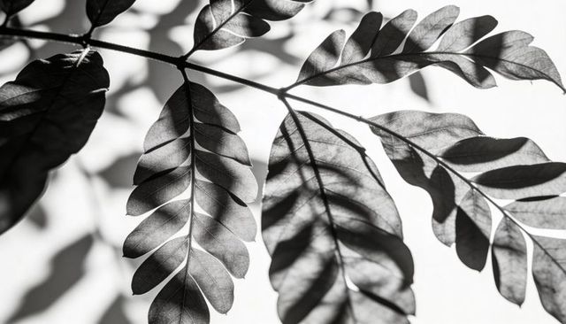 Pinnate leaf shadows casting bold monochrome silhouette with detailed veins and contrast