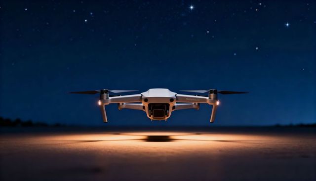 Compact quadcopter hovering over illuminated ground under starry night sky, close-range