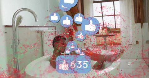 Woman in Foamy Bath Engaged with Smartphone and Social Media