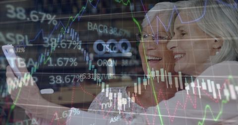 Senior Women Taking Selfie with Economic Data Overlay