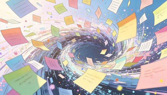 Pastel Notes Whirlwind: Surreal Vortex of Floating Paper, Paint Splashes and Motion