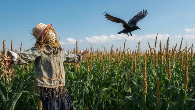 Scarecrow guarding cornfield with crow flying overhead, wearing straw hat and denim jacket