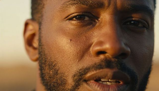 Close-up golden hour male headshot highlighting beard texture mole catchlight expression